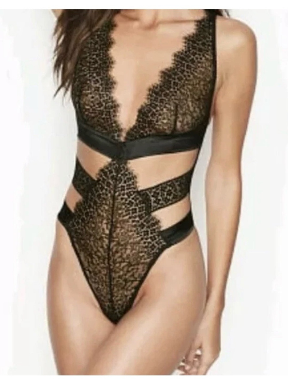Victoria's Secret Very Sexy Banded Plunge Teddy Black Lace Bodysuit XS NWOT